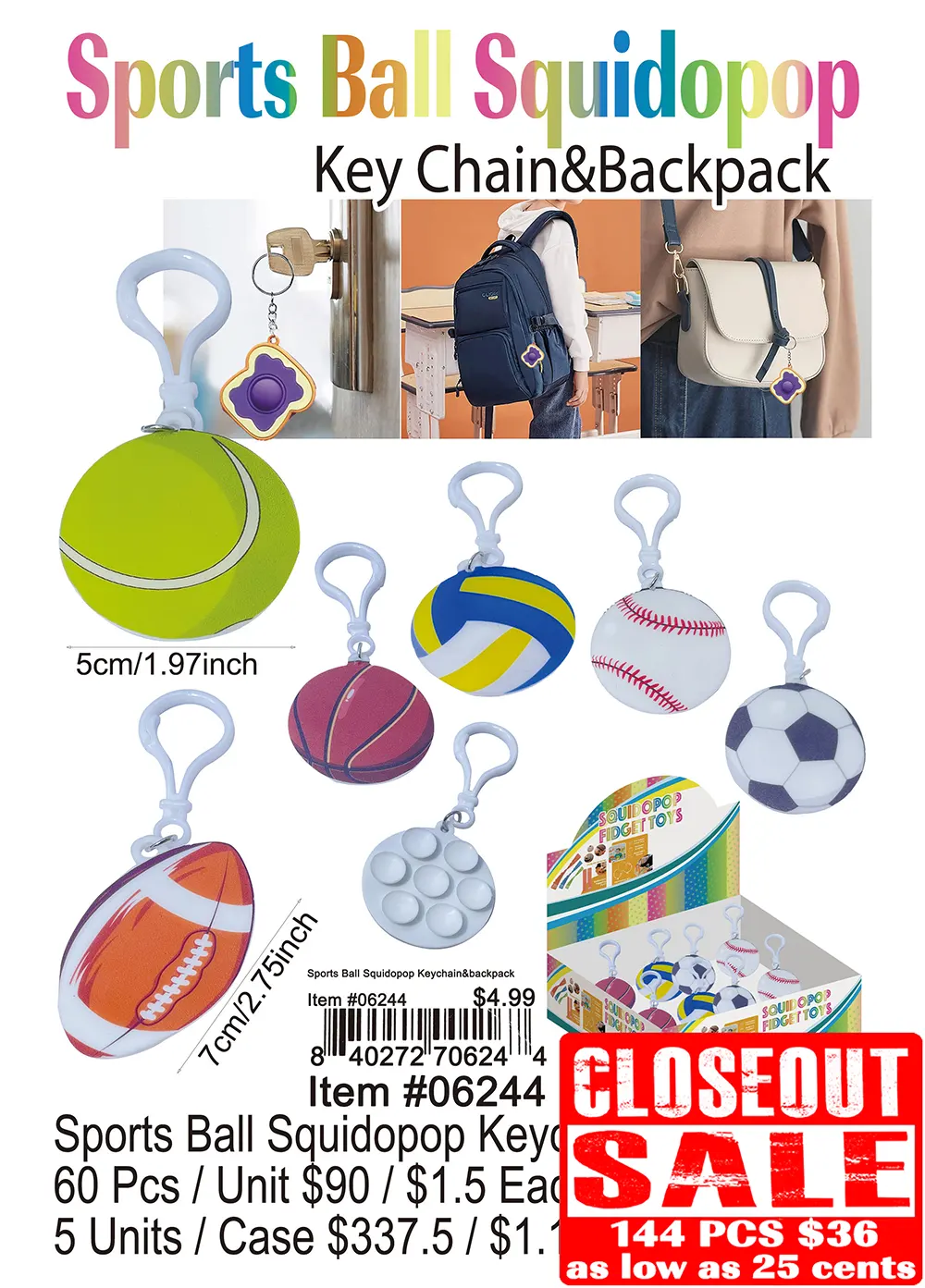 Sports Ball Squidpop Keychain and Backpack - Closeout 144 Pcs.